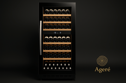Ageré Grand Reserve – full-size wine fridge with wooden shelves and black glass door, shown front-facing