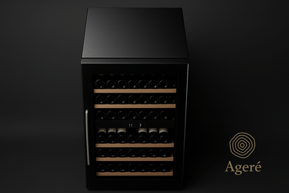 Interior shelf layout of The Grand Reserve – beech wood wine racks inside Ageré’s high-capacity wine fridge