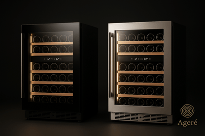 The Host’s Companion – compact wine fridge with glass door ajar, showing full bottle storage