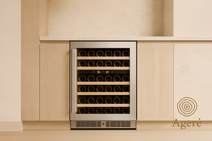 Host’s Companion by Ageré – integrated wine fridge in natural wood cabinetry, undercounter placement