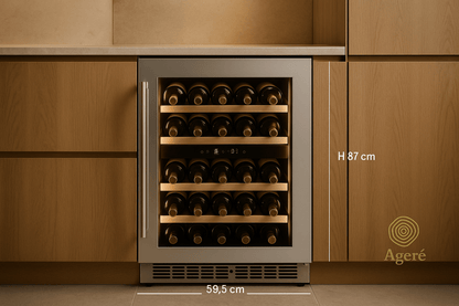 Host’s Companion wine fridge by Ageré – undercounter model with 59.5 cm width and 87 cm height dimensions shown