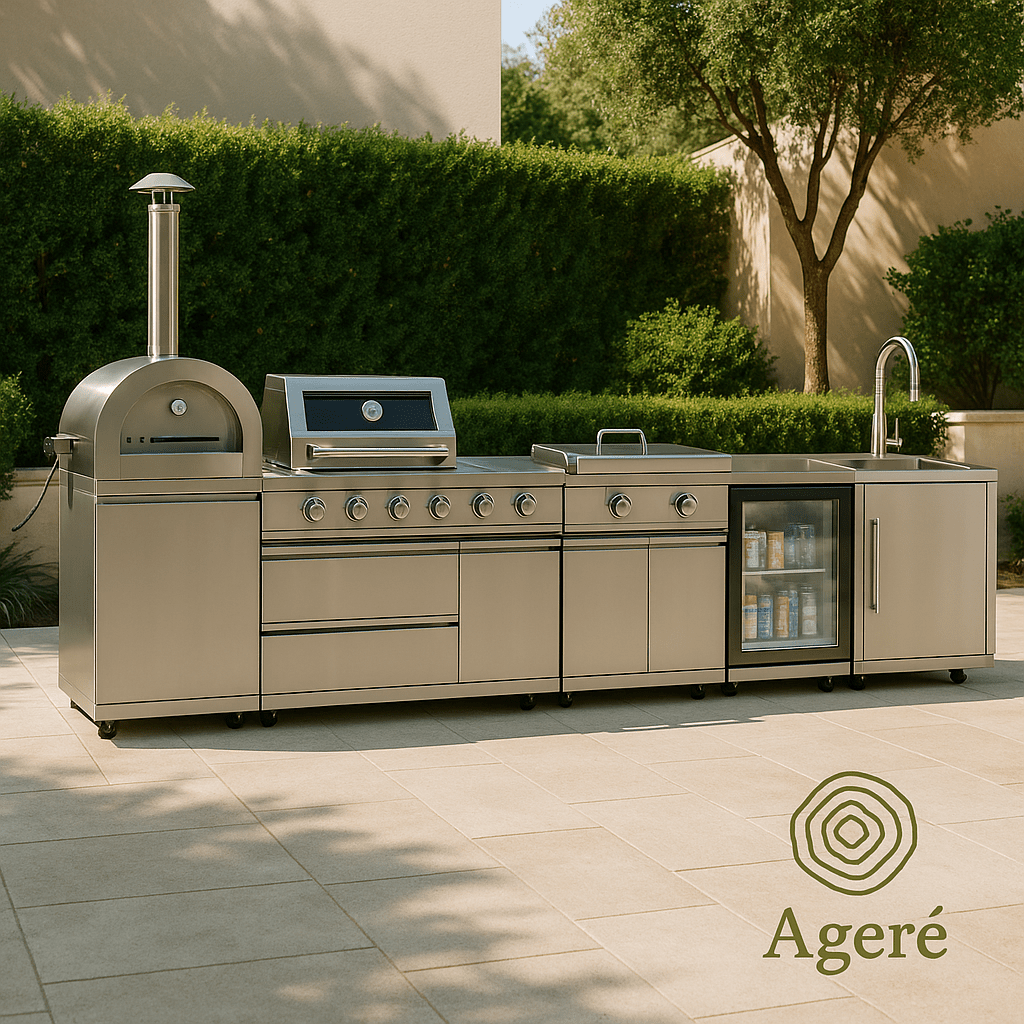 Outdoor modular kitchen in light setting – Ageré Masterpiece Grill with all-in-one cooking system
