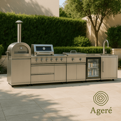 Outdoor modular kitchen in light setting – Ageré Masterpiece Grill with all-in-one cooking system