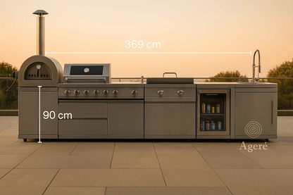 Dimensions of The Masterpiece Grill outdoor kitchen – 369 cm width shown with labeled layout
