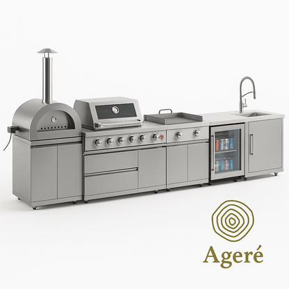 Full view of Ageré Masterpiece Grill with I-shaped layout – professional gas grill and oven system