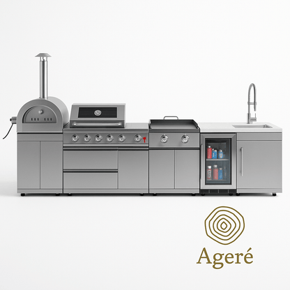Ageré Masterpiece Grill – modular outdoor kitchen with 6-burner grill, griddle, pizza oven, sink, and fridge