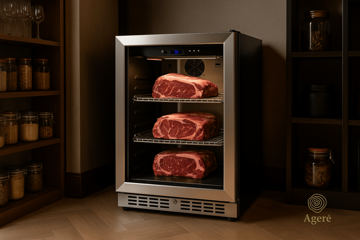 The Prime Chamber by Ageré – compact dry aging fridge with premium meat cuts in a luxury interior
