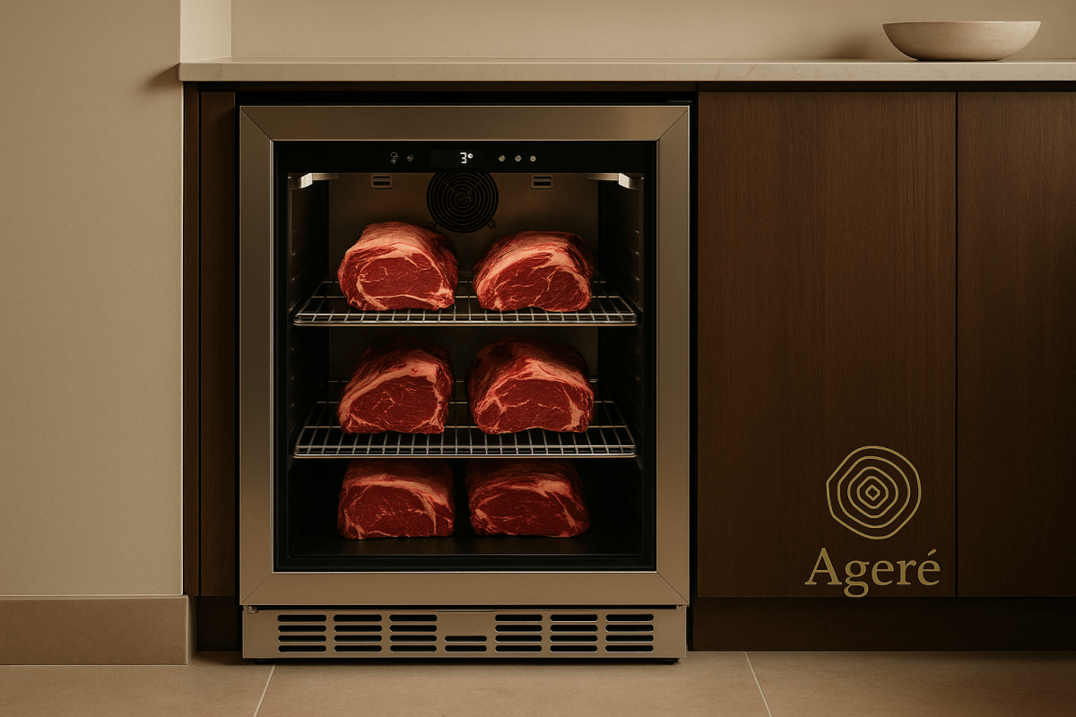 Ageré Prime Chamber integrated into cabinetry – premium dry ager with glowing racks of steak