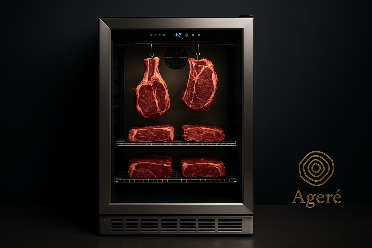 Ageré dry ager with tomahawk, ribeye, and filet cuts – front view of The Prime Chamber
