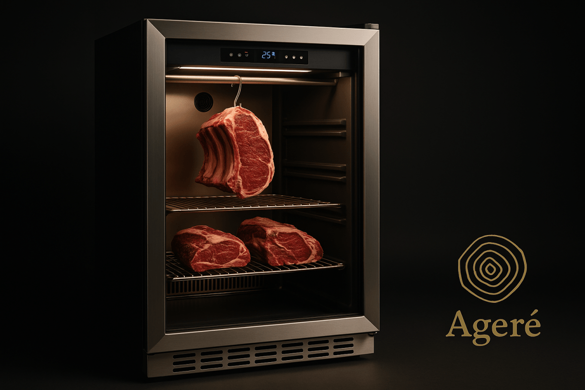 The Prime Chamber dry ager by Ageré – illuminated shelving with dry-aged beef