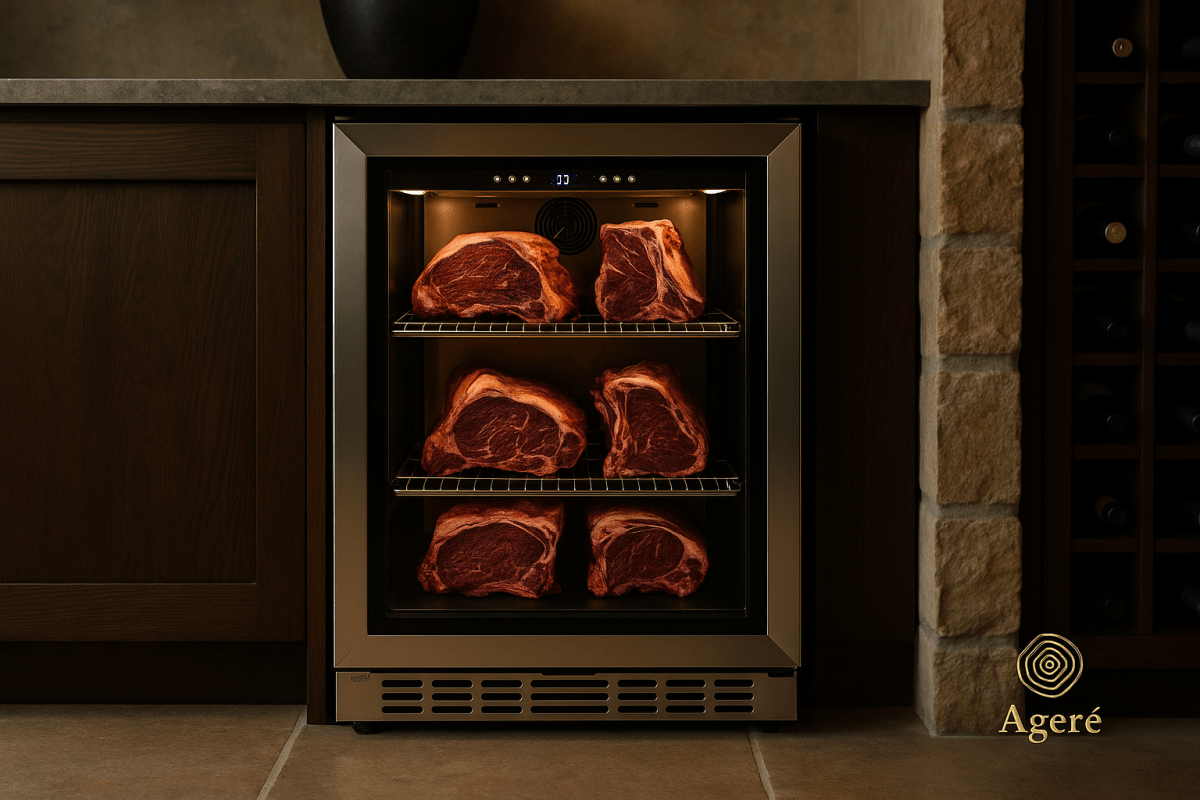 Compact meat aging fridge built into stone kitchen wall – Ageré Prime Chamber in ambient light