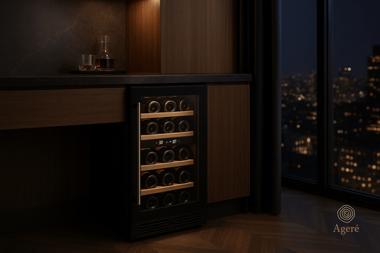 The Refined Compact by Ageré – undercounter wine fridge in luxury apartment with city skyline