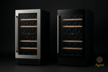 The Refined Compact undercounter wine fridges – dual finish display with open glass doors and stocked bottles