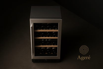 Ageré Refined Compact – overhead view of compact wine fridge with five wood shelves and LED lighting
