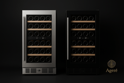 Ageré Refined Compact wine fridges – undercounter models in black and stainless steel finishes with beech shelves