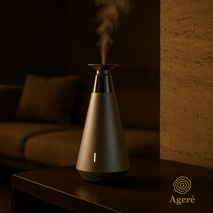 The Silent Bloom - AgeréThe Silent Bloom aroma diffuser releasing mist in a warm, modern living room — evening mood