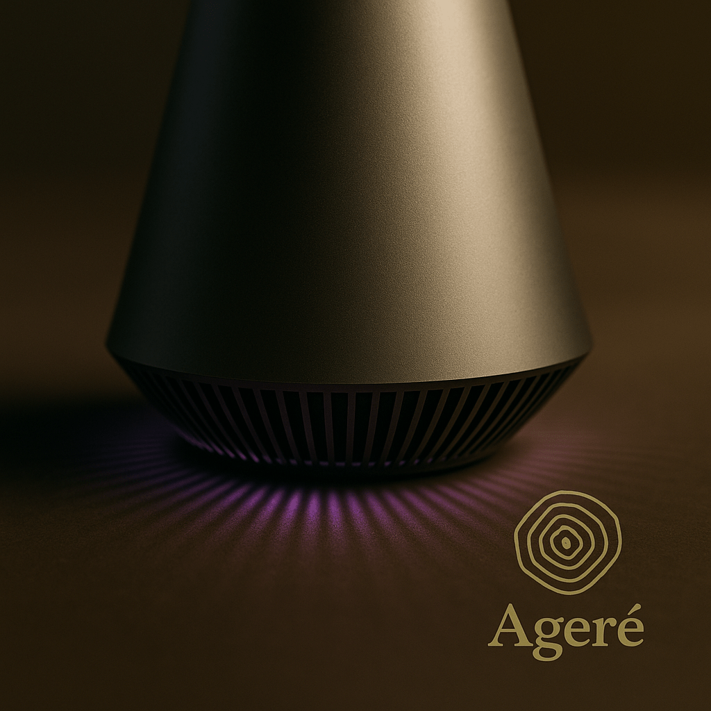 The Silent Bloom - AgeréClose - up of The Silent Bloom diffuser’s base — illuminated soft violet underglow