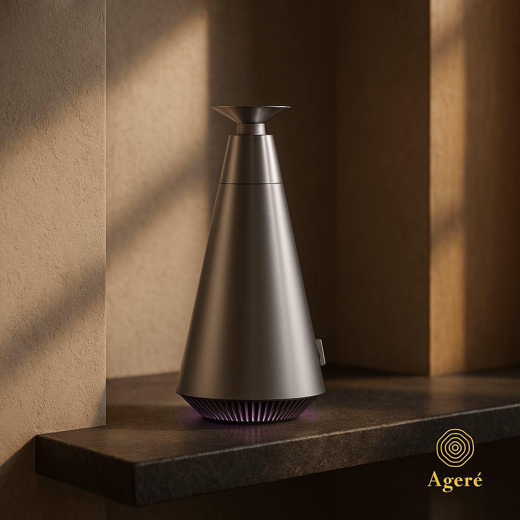The Silent Bloom - AgeréThe Silent Bloom aroma diffuser placed on a shelf — architectural lighting and shadow