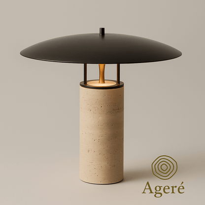 Tierra - Ageré Studio shot of Tierra travertine lamp with black metal shade