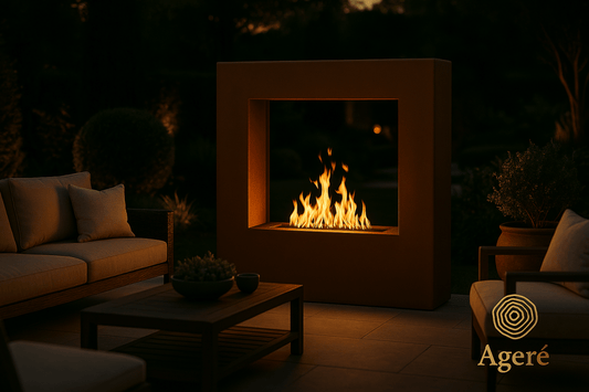 The Vertical Flame by Ageré – architectural corten fire wall glowing at twilight