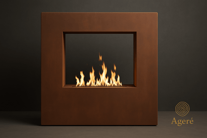 Modern corten fire feature – front profile of The Vertical Flame gas fire wall