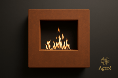 Detail of The Vertical Flame’s recessed fire chamber – precision-cut corten form